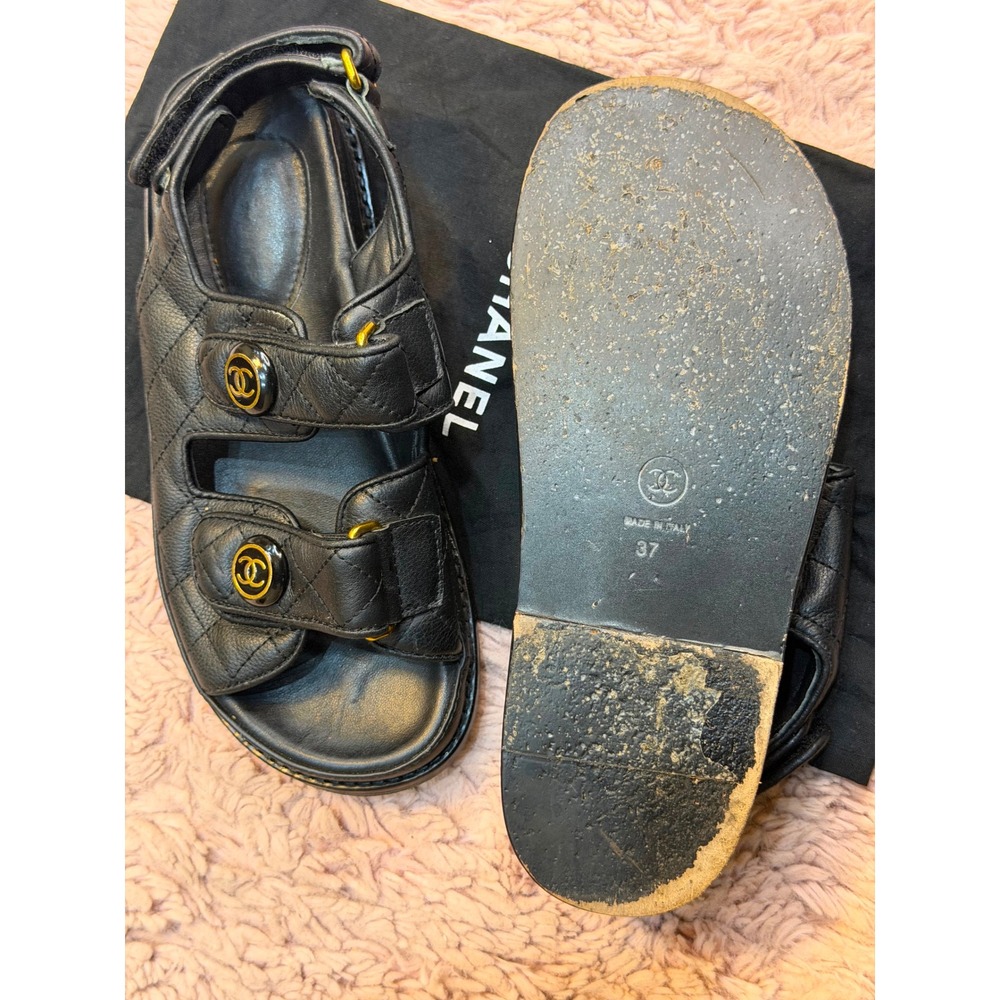 Chanel Black Quilted Lambskin Dad Sandals CC Logo Gold Hardware Size 37 MT2040-6 - Picture 6 of 6